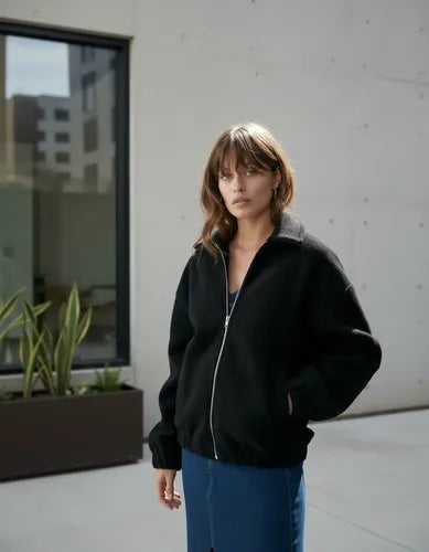 Campera Bomber Simil Paño Amplia Negro Único Liso