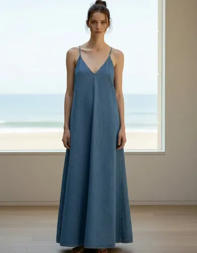 Vestido De Jean Largo Solero Denim Amplio