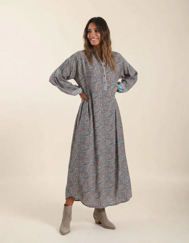 Vestido De Seda Hindú Estampado Largo Modelo Grande Turquesa Estampado Único