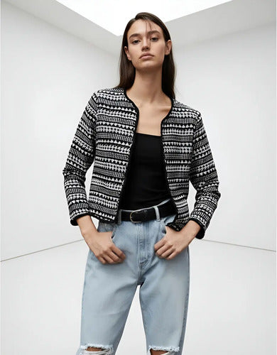 Saco  Blazer Chaqueta Importada  Negro Con Beige Geométrico M