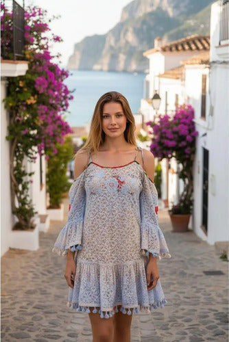 Vestido Importado India Tipo Rapsodia Vars Envio Gratis Celeste Con Beige Liso L