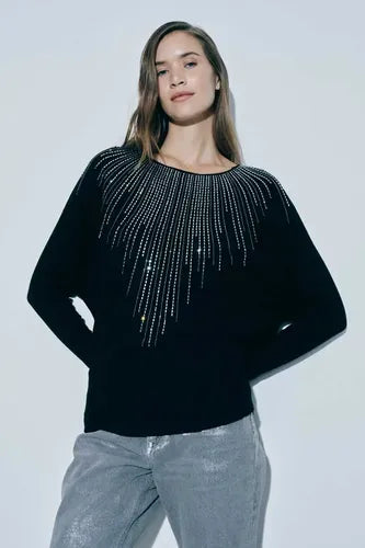 Sweater Tejido Con Strass Importado Nuevo 2da Selección Negro Liso Único