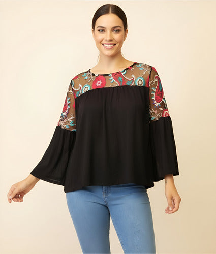 Remera Blusa Manga 3/4 Modal Y Tull Bordado Negro Bordado Único