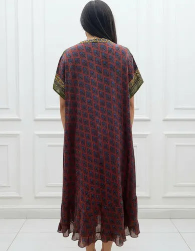 Vestido Seda Hindú Modelo Amplio Nuevo 2da Selección Bordó Estampado Único