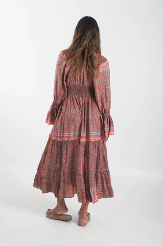 Vestido De Seda Hindú Mod. 63 Coral Oscuro Estampado Único