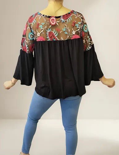 Remera Blusa Manga 3/4 Modal Y Tull Bordado Negro Bordado Único