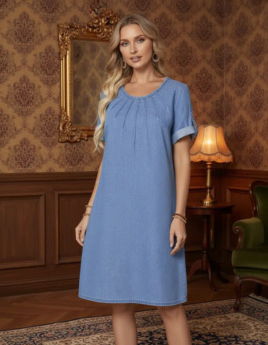 Vestido De Jean Camisero Manga Corta Midi Celeste Liso Xs