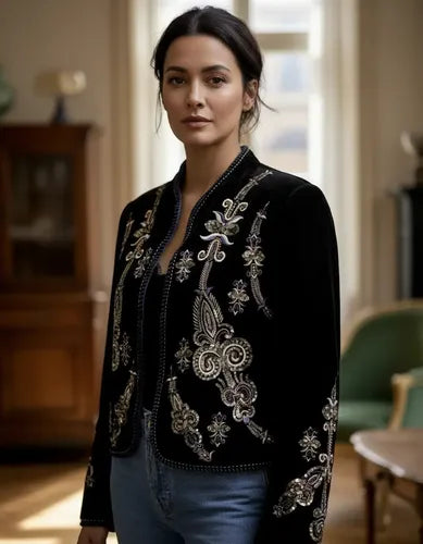 Saco Chaqueta Chiffon Velvet Con Dorado Estilo Vars Negro S/m Bordado