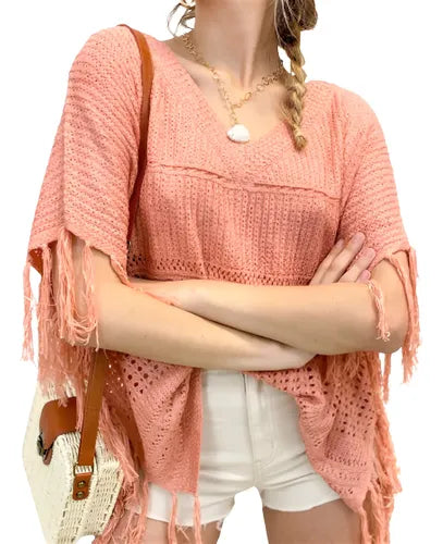 Poncho Ruana Sweater  Tejidos Boho Rosa U