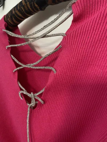 Sweater Tejido Morley Mangas Globo Fucsia Liso Único