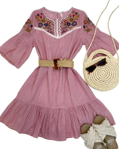 Vestido Camisa Bordado  Boho Rojo Rayas M