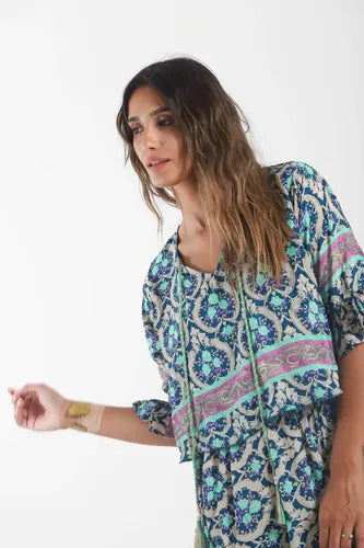 Vestido De Seda Hindú Corto Mod. 5 Nuevo 2da Selección Azul Estampado Único