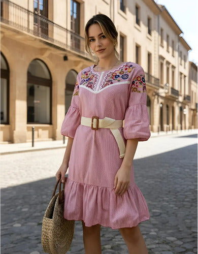 Vestido Camisa Bordado  Boho Rojo Rayas M