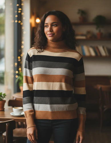 Sweater Tejido Polera Rayada Marrón Claro Unico