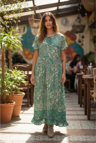 Vestido De Seda Hindú Amplio Mod. 08 Verde Estampado Único