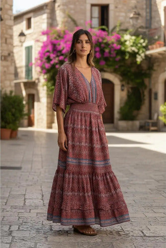 Vestido De Seda Hindú Largo Mod. 24 Rosa Viejo Estampado Único