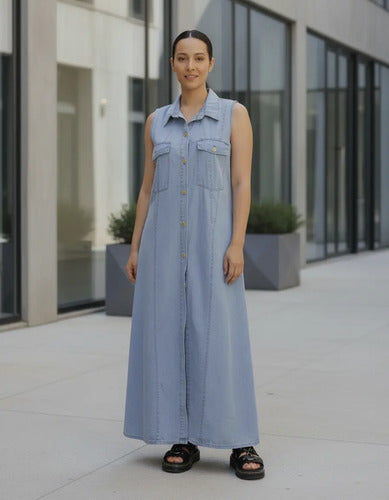 Vestido De Jean Abotonado Largo Maxi Denim Sin Mangas