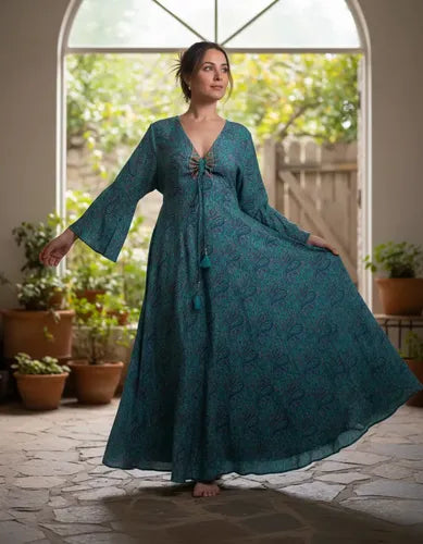 Vestido De Seda Hindú Largo Mangas Oxford Verde Estampado Único
