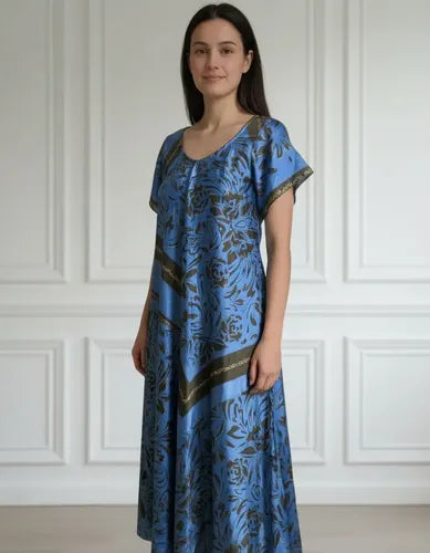 Vestido Largo Seda Hindú Modelo Amplio Nuevo 2da Selección Celeste Estampado Único