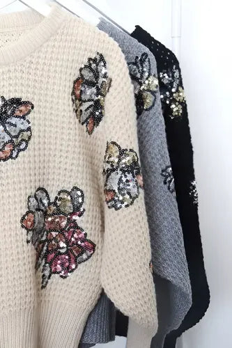 Sweater Tejido Panal Importado Lentejuelas Paillettes Negro Lentejuelas Único