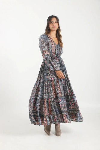 Vestido De Seda Hindú Largo Mangas Oxford Mod. 62 Gris Oscuro Estampado Único