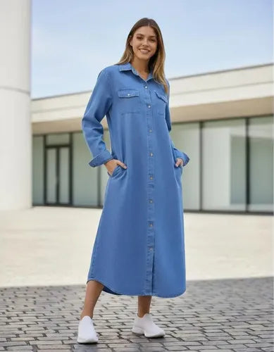 Vestido Camisero De Jean Maxi Celeste Lisa 4