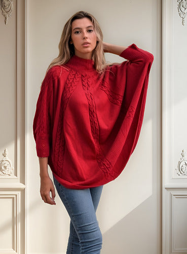 Poncho  Sweater Tejido Grueso Grande Importado Terracota Liso Único