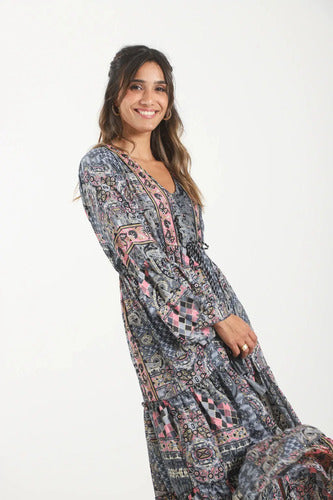 Vestido De Seda Hindú Largo Mangas Oxford Mod. 62 Gris Oscuro Estampado Único