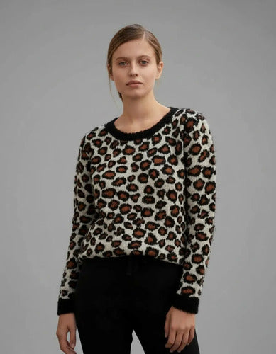 Sweater Tejido Con Lurex Animal Print Azul Oscuro Animal Print Único