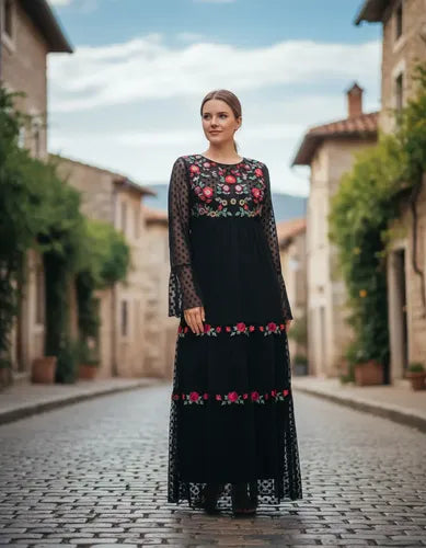 Vestido Boho Fiesta Bordado Tipo Vars Importado Negro Liso S/m