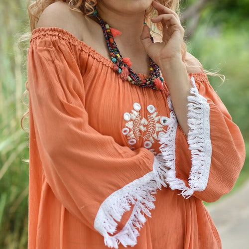 Vestido De Bambula Bordado Modelo Grande Naranja Bordado Único