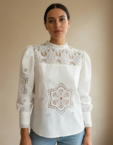 Blusa Camisa Guipur Calada Broderie