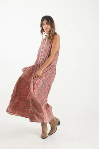 Vestido De Seda Hindú Largo Sin Mangas Mod. 9 Coral Estampado Único