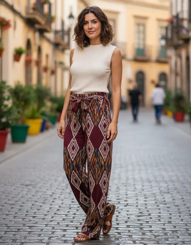 Pantalón De Lanilla Estampado Bordó Estampado M
