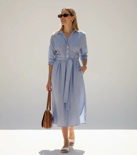Vestido Camisero Rayado De Lino