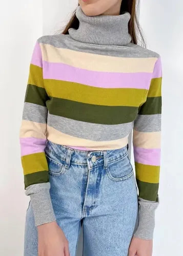 Sweater Tejido Polera Rayada Marrón Claro Unico