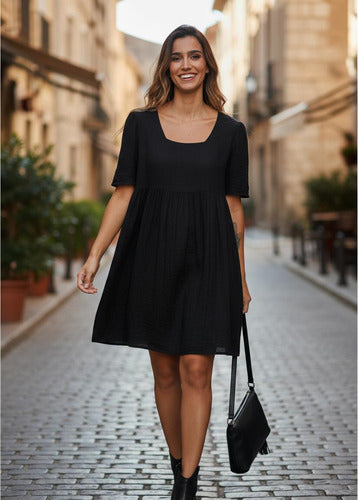 Vestido Negro Manga Corta De India Negro Lisa Único