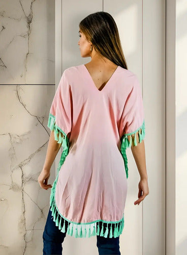 Túnica Poncho Blusa Grande Bordada Importada Amplia Rosa Bordado Único