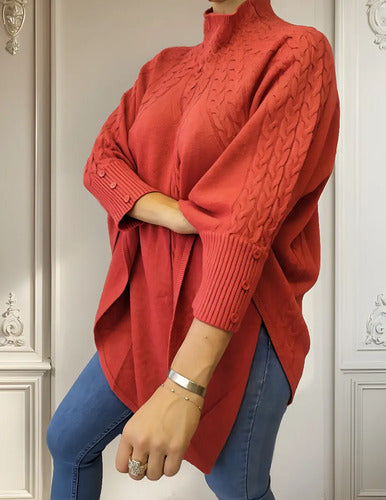 Poncho  Sweater Tejido Grueso Grande Importado Terracota Liso Único