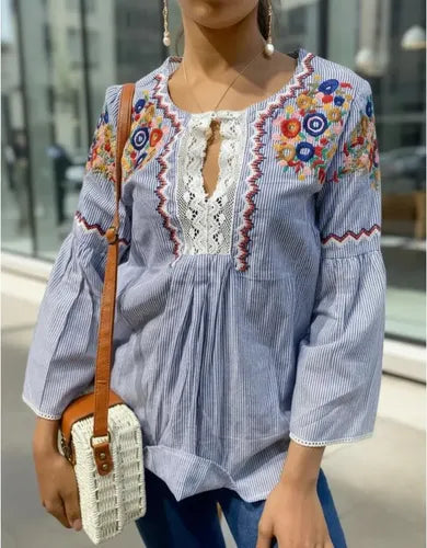 Camisa Blusa Bordada Boho Azul S