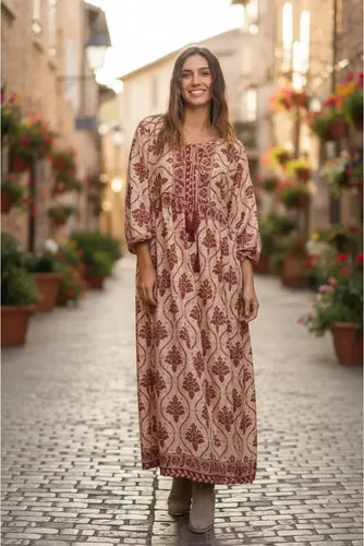 Vestido De Seda Hindú Largo Mod. 31 Rosa Estampado Único