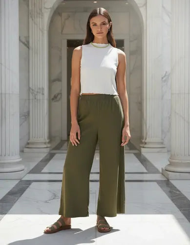Pantalón Palazzo  De Piqué Verde Musgo Liso Único