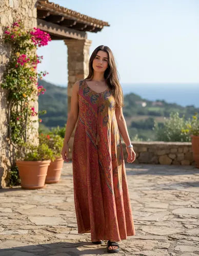 Vestido Solero Seda Hindu Importado Talle Grande Lila 2 Estampado Único