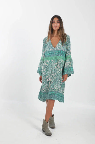 Vestido De Seda Hindú Y Puntilla Mangas Oxford Midi