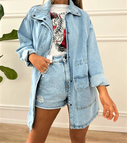 Saco Largo Jean Campera Camisaco Oversize Denim Talle Grande Gris 38 Liso