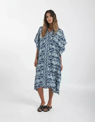 Vestido De Seda Hindú Abotonado Modelo Amplio Mod. 49 Azul Estampado Único