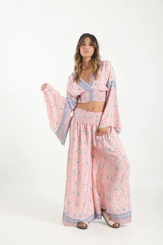 Blusa Top De Seda Hindú Rosa Estampado Único