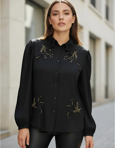 Camisa Broderie Con Dorado Bordada Importada  Negro Liso S