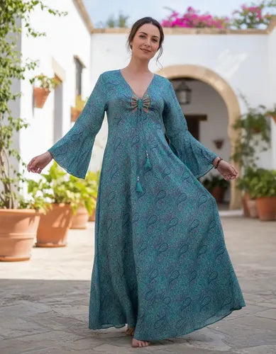 Vestido De Seda Hindú Largo Mangas Oxford Verde Estampado Único