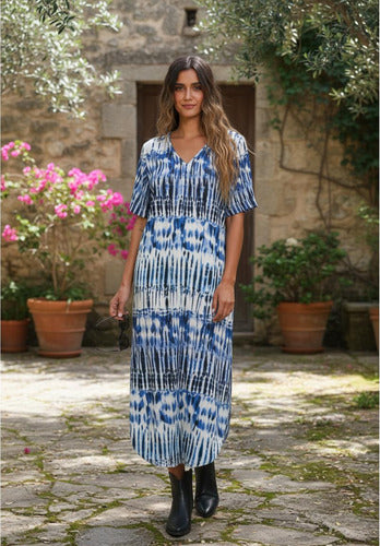 Vestido Largo De India Estampado Amplio Blanco Con Azul Estampado M